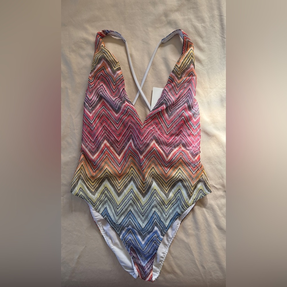 Missoni Zig Zag Crochet Knit Multicolor One piece Swimsuit Size 40 US 4